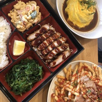 Okaeri Cafe - Katsu Bento with Seaweed Salad and Pasta Salad, Okaeri Loaded Fries, and Omurice - Japanese Near Me - Richardson, Texas