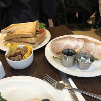 Moose Coffee - stack of pancakes with syrup club sandwich - American Near Me - Manchester, XGM