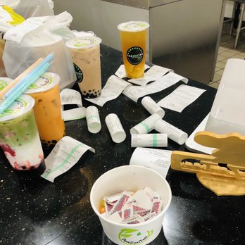 TeaZenTea - look at this confusion receipts everywhere which they coordinate with your drink they need a better system - Coffee & Tea Near Me - Brentwood, California