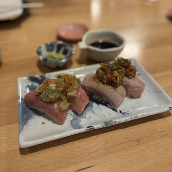 Izakaya Supa Banana - 2 Piece Spicy Toro Ceviche and 2 Piece Otoro Salsa Aburi - Izakaya Near Me - Redmond, Washington Izakaya Supa Banana - 2 Piece Spicy Toro Ceviche and 2 Piece Otoro Salsa Aburi - Izakaya Near Me - Redmond, Washington