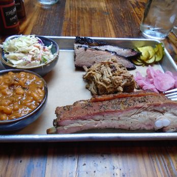 Texas Jack's Barbecue - Meat Sampler w/brisket, pulled pork & spare ribs. a side of coleslaw and a side of Texas baked beans - Barbeque Near Me - Arlington, Virginia Texas Jack's Barbecue - Meat Sampler w/brisket, pulled pork & spare ribs. a side of coleslaw and a side of Texas baked beans - Barbeque Near Me - Arlington, Virginia