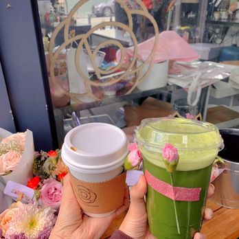 Bloomsgiving - Hot Rose Latte (Left), Iced Matcha Cold Brew (Right) - Florists Near Me - Mountain View, California Bloomsgiving - Hot Rose Latte (Left), Iced Matcha Cold Brew (Right) - Florists Near Me - Mountain View, California
