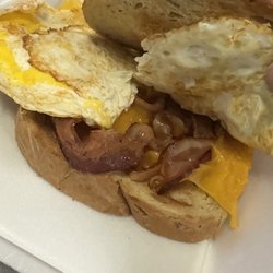 Strike Zone - Breakfast Sandwich: 2 eggs, cheddar cheese, bacon, Rye Bread
