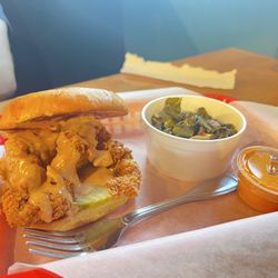 Waldos Chicken And Beer - Chicken Tender Chicken Sandwich and collard greens