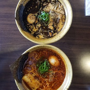 Noods Ramen Bar - Black Garlic Ramen (top) and Shoyu Ramen (bottom) both level 3 spicy. - Ramen Near Me - Honolulu, Hawaii Noods Ramen Bar - Black Garlic Ramen (top) and Shoyu Ramen (bottom) both level 3 spicy. - Ramen Near Me - Honolulu, Hawaii