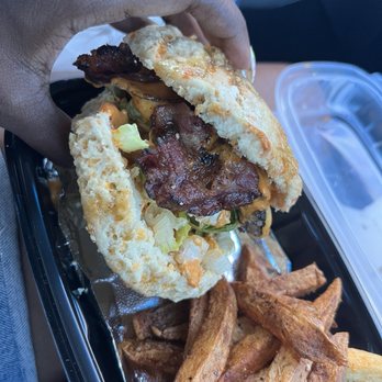 Mr. Biscuit - Cheese burger with beef bacon & fries. - Burgers Near Me - Milford Mill, Maryland