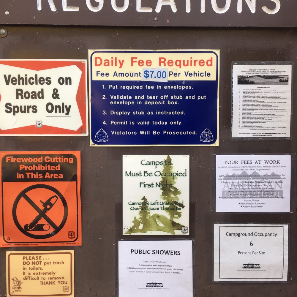 Fashoda Campground - There are showers here open Monday - Sunday 9:00-11:00am then 4:00-8:00pm takes quarters 12 quarters for 4 mins - Hiking Near Me - Pollock Pines, California