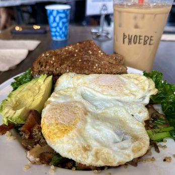The Coffee Shop - Santa Barbara Bowl $12.95 quinoa, kale, 2 over easy eggs, avocado, mushroom, bacon, tomato, feta (not pictured), and prairie toast. - Coffee & Tea Near Me - Gilbert, Arizona