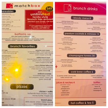 Matchbox - Menu witj the price of $49 unlimited food. Why? If you not going to give good portions. Taco Bar and Waffle Bar was great. - New American Near Me - Sunrise, Florida Matchbox - Menu witj the price of $49 unlimited food. Why? If you not going to give good portions. Taco Bar and Waffle Bar was great. - New American Near Me - Sunrise, Florida