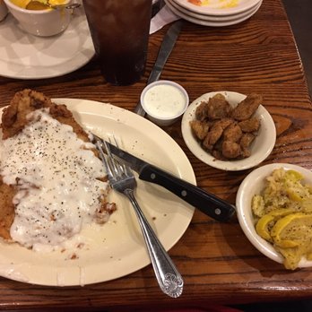 Crow's Country Cafe - Chicken fried steak with squash casserole and fried green tomatoes. Yum!! - American Near Me - Anna, Texas