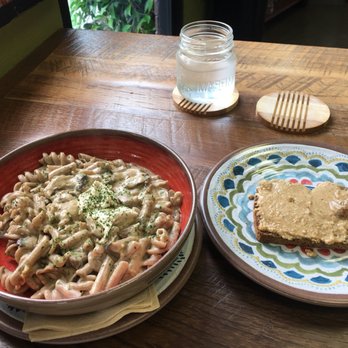 OrVeganic - What a delicious meal. Almond chedder chardonnay alfredo + protein toast with jungles jem nut butter - Vegan Near Me - Lawndale, California