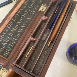 Writing set with, ink, glass pen, and calligraphy pen