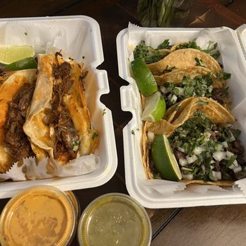 Guatemalan Bakery la Bendicion - Quesa Birria left and the tacos on the right. It came with a hot orange salsa and a mild green. - Bakeries Near Me - Indianapolis, Indiana