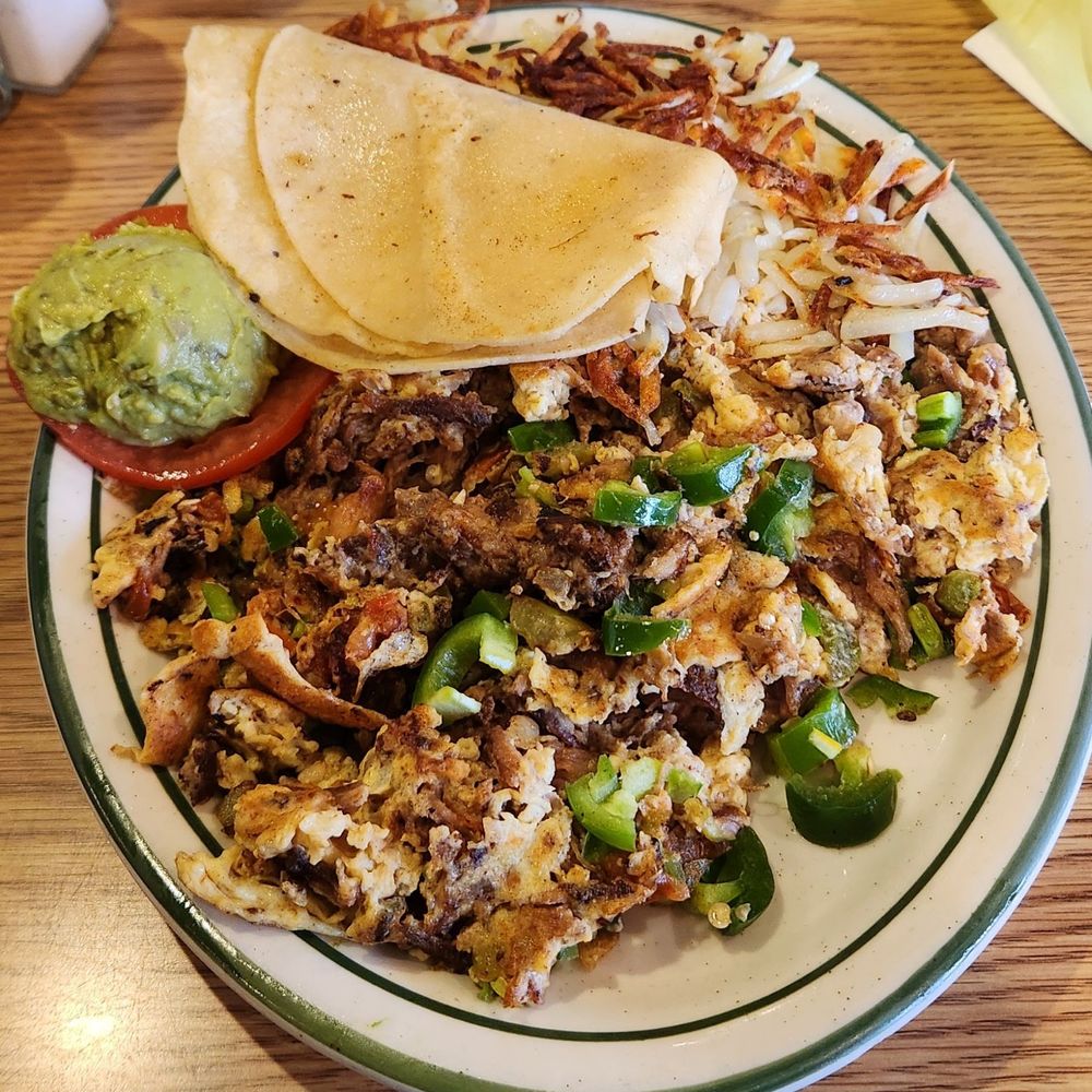 Penfold's Cafe & Bakery - Machaca plate was fire!!! (No bell peppers, added extra jalapenos) - Breakfast & Brunch Near Me - Temecula, California