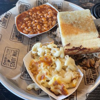 Sam Jones BBQ - Bbq plate with bake beans, Mac n cheese and cornbread - Barbeque Near Me - Raleigh, North Carolina Sam Jones BBQ - Bbq plate with bake beans, Mac n cheese and cornbread - Barbeque Near Me - Raleigh, North Carolina