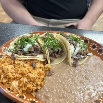 Sabor A Mi - 3 Carne Asad taco with rice and beans. WOWZER The rice and beans are no joke - Mexican Near Me - Henderson, Nevada