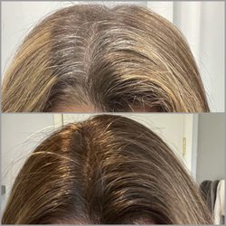 Vida Hair Studio - Here's my dull, grown-out color and grey roots, and the warm, healthy, no-grey "after".