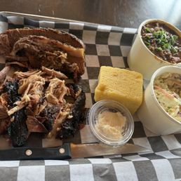 50/50 Plate with brisket & pulled pork, beans, coleslaw & cornbread 50/50 Plate with brisket & pulled pork, beans, coleslaw & cornbread