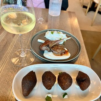 Zaytinya - Lamb chops and bone marrow kibbeh. Greek white wine from the bottle (forgot the name) - Greek Near Me - Culver City, California
