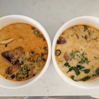 Nakazo Ramen Bistro - L: Spicy Miso Ramen broth  R: Las Carnitas Ramen broth - Ramen Near Me - Alhambra, California