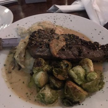 The Top - Black Pepper Crusted Sirloin with Mashed Potatoes & Brussel Sprouts - New American Near Me - Gainesville, Florida The Top - Black Pepper Crusted Sirloin with Mashed Potatoes & Brussel Sprouts - New American Near Me - Gainesville, Florida