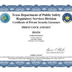 Priest Lock and Key - Texas DPS locksmith, access control license
