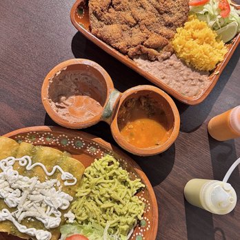La Cocina De Lulu - Enchiladas de pollo with green spaghetti and milanesa de puerco - Mexican Near Me - Baytown, Texas