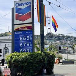 Chevron - April 4, 2026 : $6.99 / gallon  Sutro Tower & Rainbow Flag in background