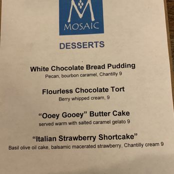 MOSAIC Restaurant - Dessert menu - New American Near Me - Richmond, Virginia