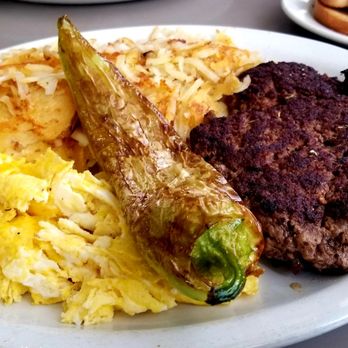 The Corner Cafe - Hamburger steak, scrambled eggs and hashbrowns. - Diners Near Me - Battle Creek, Michigan The Corner Cafe - Hamburger steak, scrambled eggs and hashbrowns. - Diners Near Me - Battle Creek, Michigan