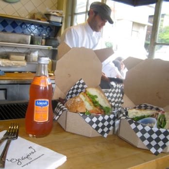 Grégoire - our friendly sandwich chef & my delicious sparkling Blood Orange beverage - French Near Me - Berkeley, California