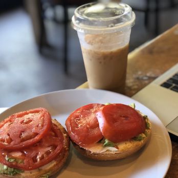 Java Station - Breakfast Bagel with cream cheese, tomato, and avocado with iced latte - Coffee & Tea Near Me - Santa Barbara, California Java Station - Breakfast Bagel with cream cheese, tomato, and avocado with iced latte - Coffee & Tea Near Me - Santa Barbara, California