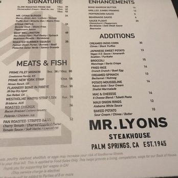 Mr. Lyons - Menu - Steakhouses Near Me - Palm Springs, California Mr. Lyons - Menu - Steakhouses Near Me - Palm Springs, California