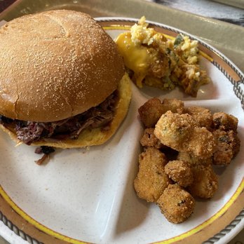 Mike Anderson's BBQ House - Beef Brisket Sandwich with 2 Sides. The Cheezy Corn Bake with Poblano and Onion and Double-Breaded and Seasoned Fried Okra! - Barbeque Near Me - Dallas, Texas