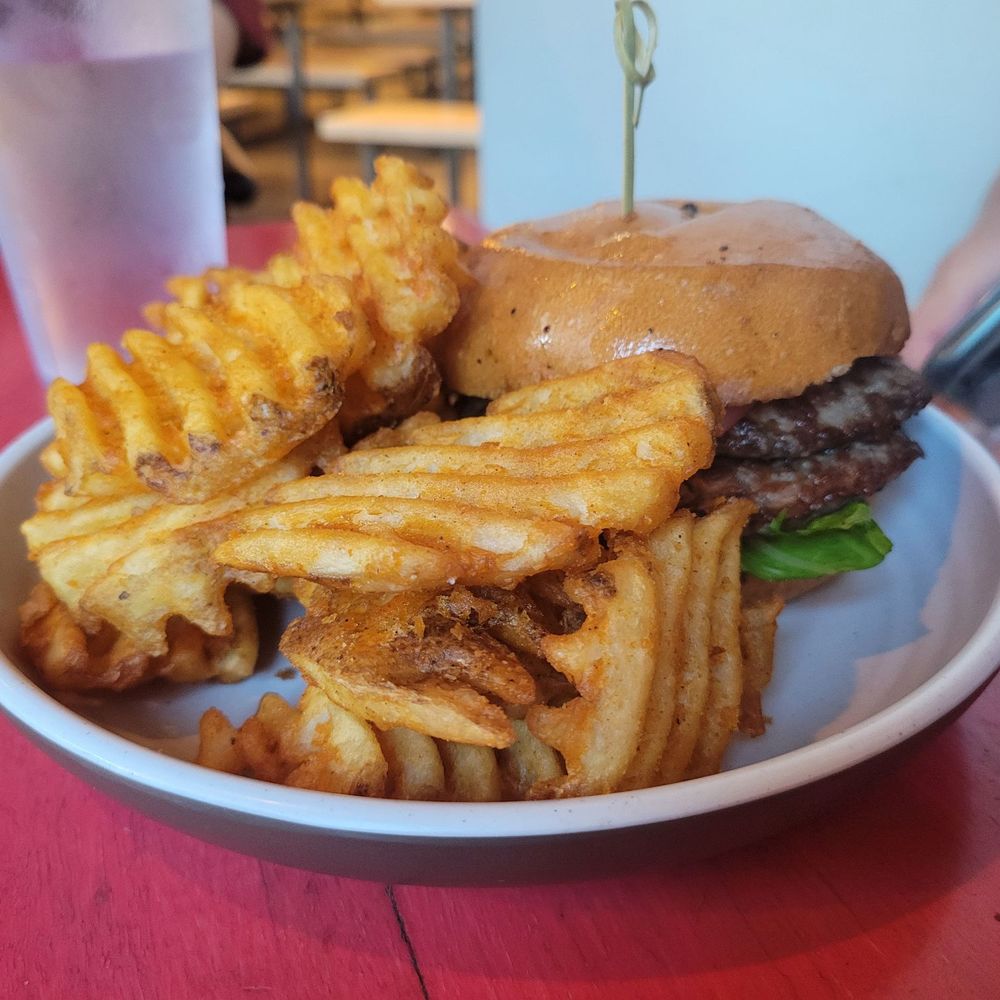 Easy Tiger - The Original Double Easy Burger w fries - Beer Gardens Near Me - Austin, Texas Easy Tiger - The Original Double Easy Burger w fries - Beer Gardens Near Me - Austin, Texas