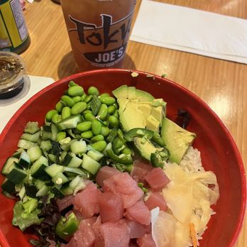 Tokyo Joe's - Create your own poke bowl: 1/2 rice, 1/2 spring mix option, tuna, cucumber, edamame, easy jalapeños, avocado ($1 extra), ginger - Asian Fusion Near Me - Surprise, Arizona Tokyo Joe's - Create your own poke bowl: 1/2 rice, 1/2 spring mix option, tuna, cucumber, edamame, easy jalapeños, avocado ($1 extra), ginger - Asian Fusion Near Me - Surprise, Arizona