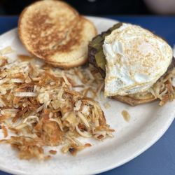 Waffle & Pancake Shoppe - Hangover burger with sunnybside up egg and jalapanos