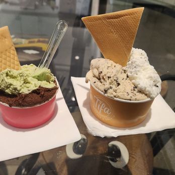 Tifa Chocolate & Gelato - My cup (pistachio and dark chocolate in kids size) and his cup (cookies and cream and Elvis in medium size) - Gelato Near Me - Porter Ranch, California Tifa Chocolate & Gelato - My cup (pistachio and dark chocolate in kids size) and his cup (cookies and cream and Elvis in medium size) - Gelato Near Me - Porter Ranch, California