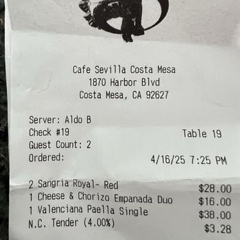 Cafe Sevilla - 4%tender charge illegal if not telling clients for using CC - Spanish Near Me - Costa Mesa, California
