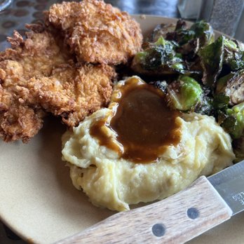 The Hardware Store - Buttermilk Fried Chicken* with mashed potatoes, gravy and roasted Brussels Sprouts. - New American Near Me - Vashon, Washington The Hardware Store - Buttermilk Fried Chicken* with mashed potatoes, gravy and roasted Brussels Sprouts. - New American Near Me - Vashon, Washington