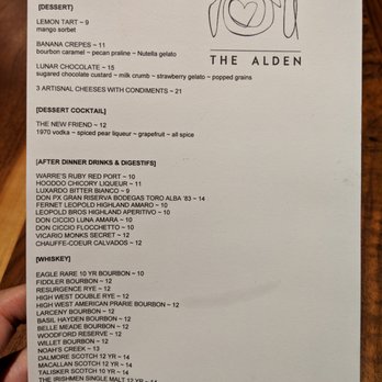 The Alden - Dessert menu. After-dinner drinks and digestifs, whiskey. - New American Near Me - Chamblee, Georgia The Alden - Dessert menu. After-dinner drinks and digestifs, whiskey. - New American Near Me - Chamblee, Georgia