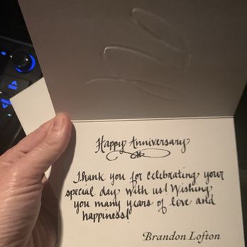 Grace Prime Steakhouse - Card we received for our anniversary celebration. Everything was exceptional! - Steakhouses Near Me - Blue Ridge, Georgia