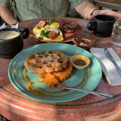El Jardín - Delicious Breakfast omelette & sweet potato pate with brown sugar & a churro waffle.
