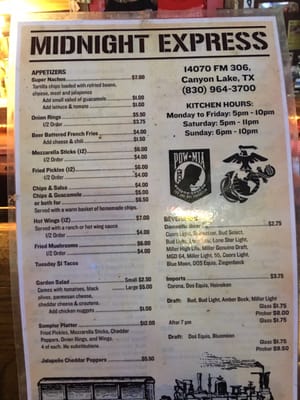 Menu photo 2 Midnight Express Bar & Grill Canyon Lake, TX Menu photo 2 Midnight Express Bar & Grill Canyon Lake, TX