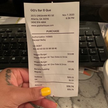GQ's Bar B Que - Receipt. - Barbeque Near Me - Atlanta, Georgia GQ's Bar B Que - Receipt. - Barbeque Near Me - Atlanta, Georgia