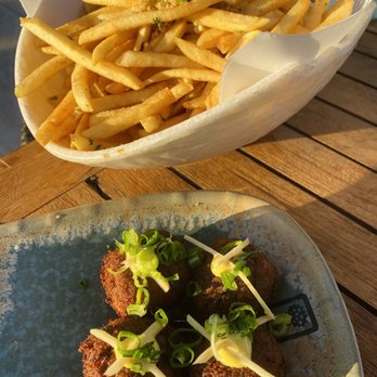 1938 Indochine - Colonial Crab Cake (Front) and Spicy Lemongrass Fries (Back) - Vietnamese Near Me - Honolulu, Hawaii 1938 Indochine - Colonial Crab Cake (Front) and Spicy Lemongrass Fries (Back) - Vietnamese Near Me - Honolulu, Hawaii