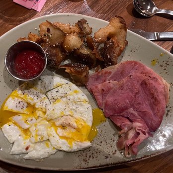 Mason's - Rise N' Shine with eggs over medium, country ham and crispy potatoes. - Southern Near Me - Nashville, Tennessee