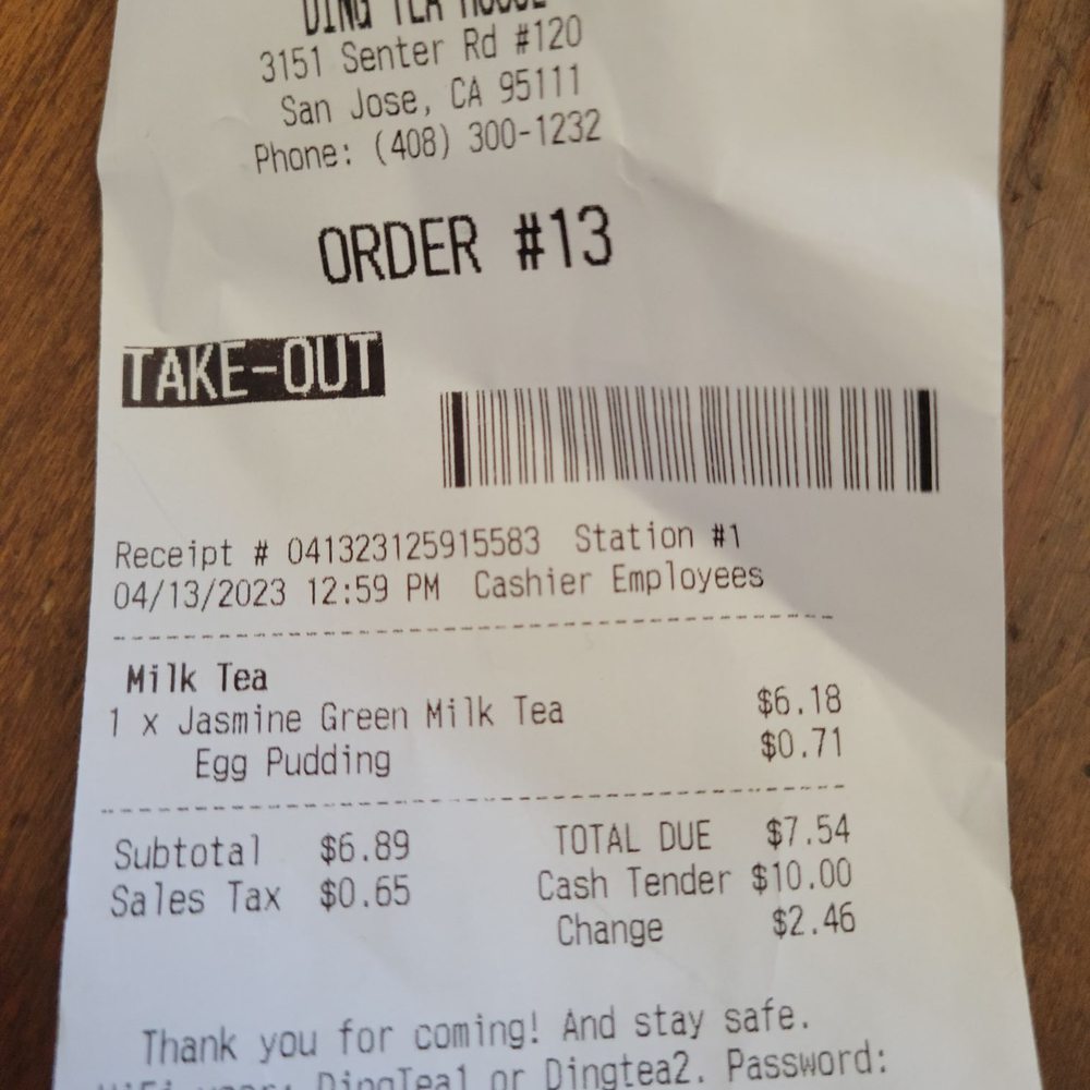 Ding Tea House - Receipt of jasmine MT with egg pudding at ding tea - Bubble Tea Near Me - San Jose, California