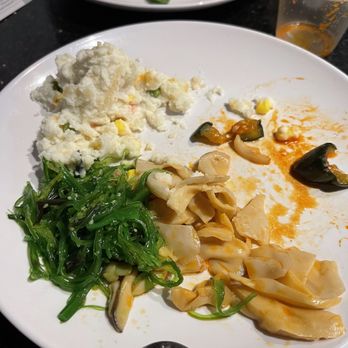 Shila Korean BBQ - Potato salad (very good), seaweed salad (good), mushroom salad (it had a funky taste like it was going bad) - Korean Near Me - Fresno, California