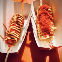 Two Hands Seoul Fresh Corn Dogs - (L) Spicy Dog, (R) Potato Dog
